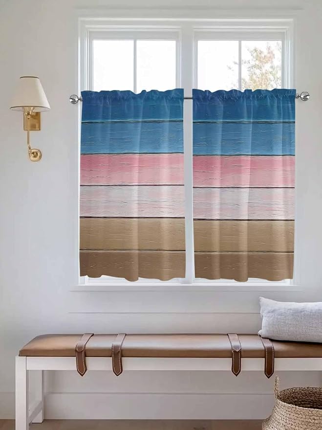 Blue Pink Brown Gradient Wood Grain Window Valance Curtains, Vintage Wood Board by IDOWMAT