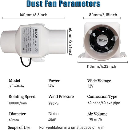 Small Inline Duct Fan 12V 2.36 Inch 60Mm Ventilation Exhaust Booster 14W 58 Cfm - Image 2