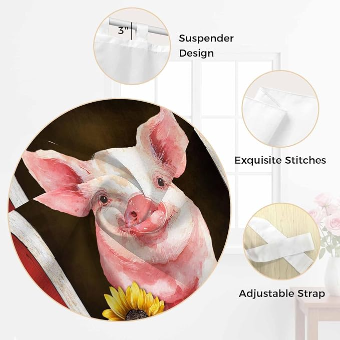 Pigs Sunflowers Kitchen Curtains 45 Inch Length, Short Cafe Window Curtains Tab - Image 6