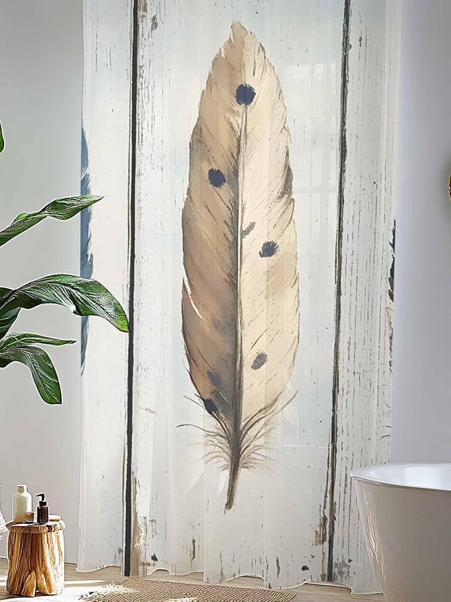 Sheer Curtains 96 Inches Long, Farmhouse Feather Semi Sheer Curtains Light - Image 4