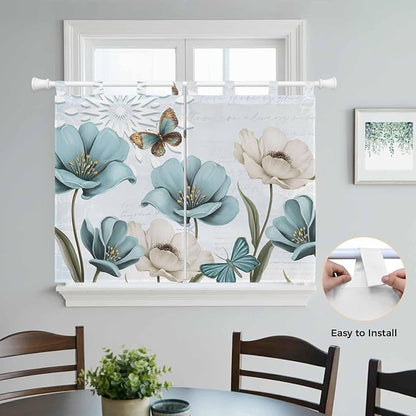 Blue Tulips Kitchen Curtains 45 Inch Length, Short Cafe Window Curtains Tab Top - Image 4