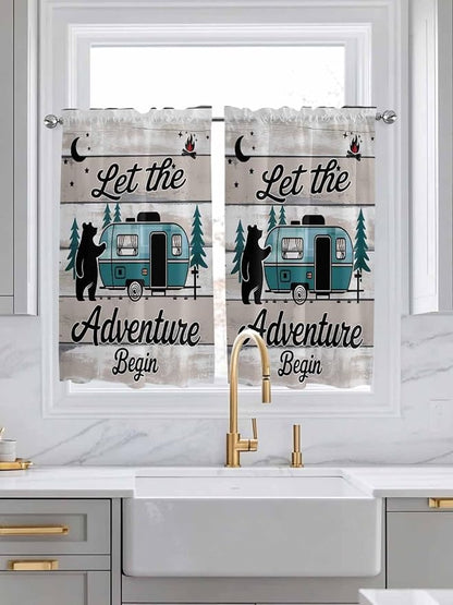 Farmhouse Bear Camper Van Tree Window Valance Curtains, Vintage Wood Grain - Image 2