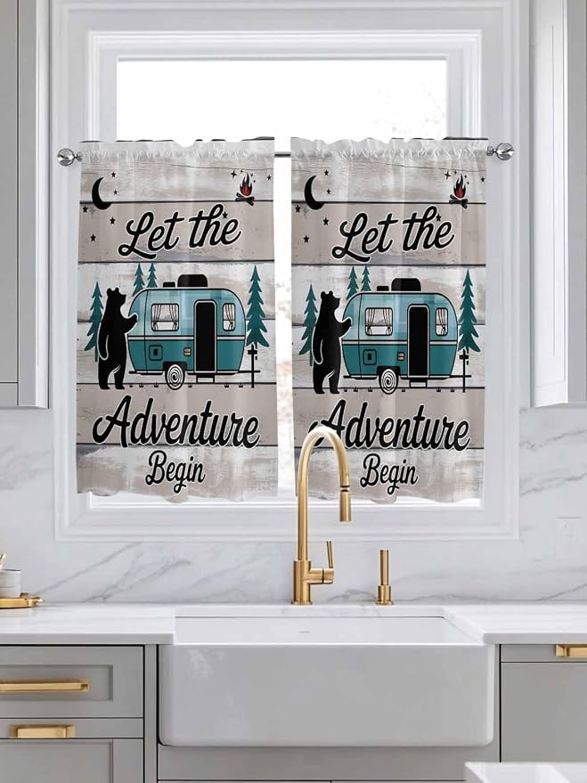 Farmhouse Bear Camper Van Tree Window Valance Curtains, Vintage Wood Grain by IDOWMAT