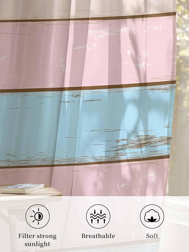 Sheer Curtains 45 Inch Length, Farmhouse Country Shabby Striped Privacy Voile - Image 6
