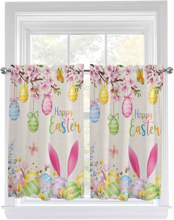 Happy Easter Tier Curtains 45 Inches Long, Spring Farmhouse Bunny Eggs Flower by Unknown