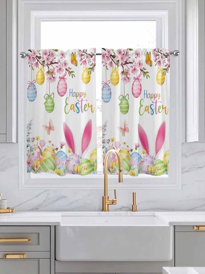 Happy Easter Tier Curtains 45 Inches Long, Spring Watercolor Bunny Eggs Flower - Image 3