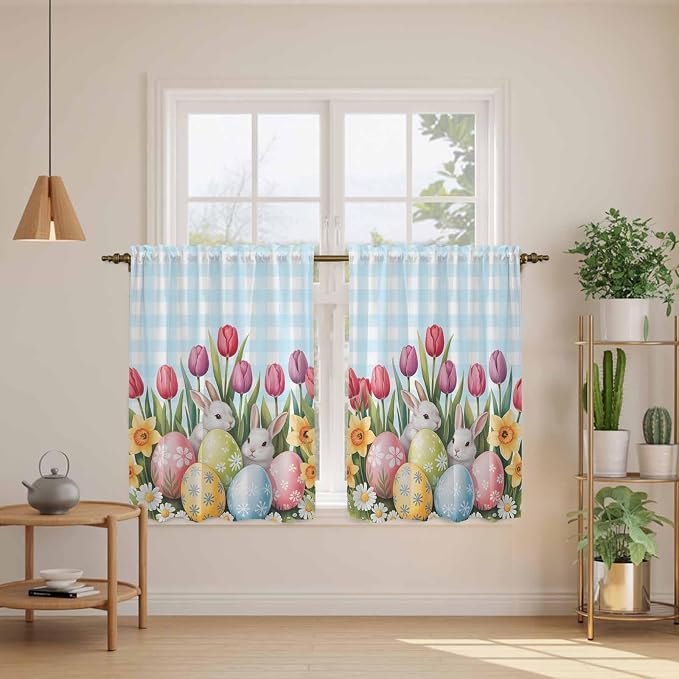 Easter Kitchen Curtains 45 Inch Long 2 Panel Set, Rod Pocket Window Treatment - Image 3