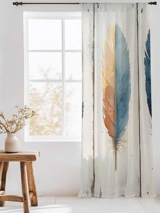 Sheer Curtains 108 Inches Long, Boho Ombre Vintage Wooden Grain Privacy Voile - Image 3