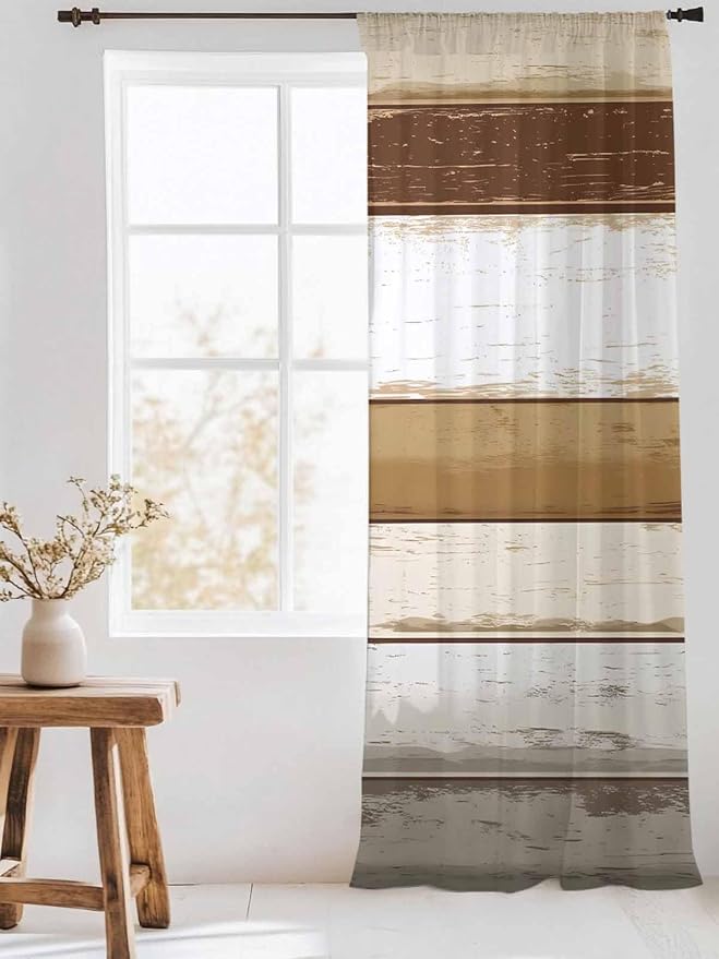 Sheer Curtains 96 Inches Long, Vintage Country Geometric Striped Privacy Voile - Image 3
