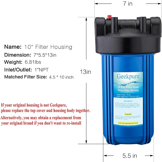 Geekpure 10-Inch Whole House Water Filter Housing 4.5"x10"1-Inch Outlet/Inlet - Image 4