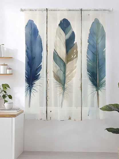 Sheer Curtains 72 Inches Long, Boho Blue Feathers Semi Sheer Curtains Light - Image 2