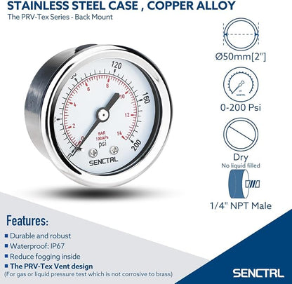 SENCTRL 200 Psi Pressure Gauge, 1/4 NPT Back Mount, Waterproof, Stainless Steel - Image 2