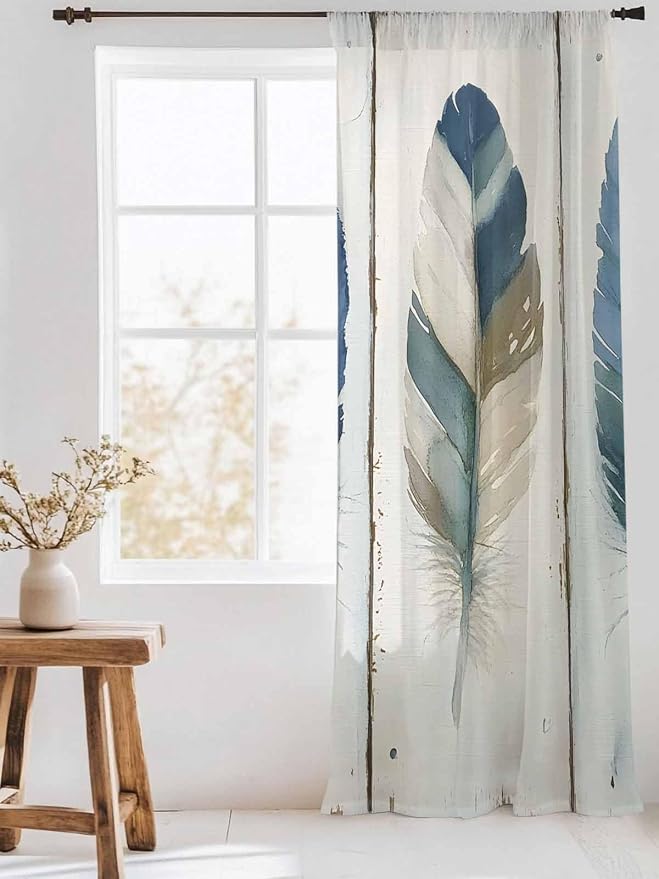 Sheer Curtains 96 Inches Long, Boho Blue Feathers Semi Sheer Curtains Light - Image 3