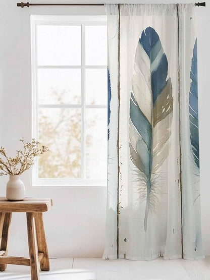 Sheer Curtains 84 Inches Long, Boho Blue Feathers Semi Sheer Curtains Light - Image 3