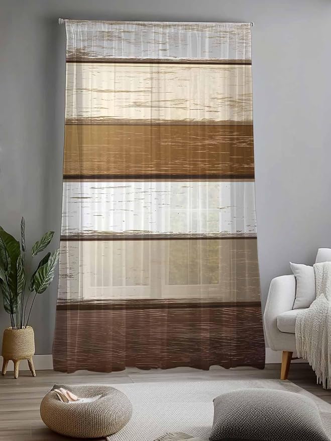 Sheer Curtains 96 Inches Long, Vintage Geometric Brown Semi Sheer Curtains - Image 2