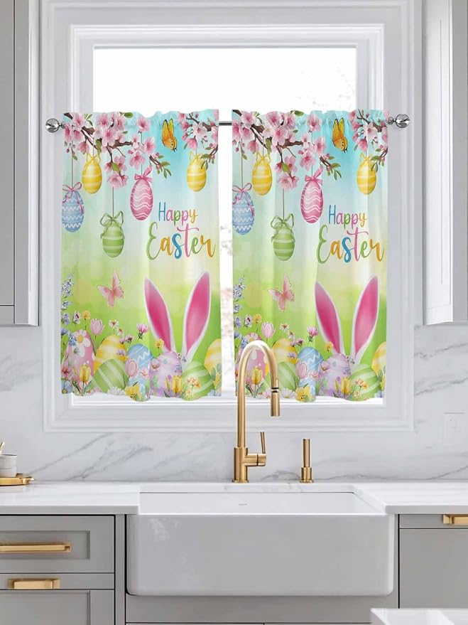 Easter Tier Curtains 45 Inches Long, Spring Bunny Colorful Rabbit Eggs - Image 3