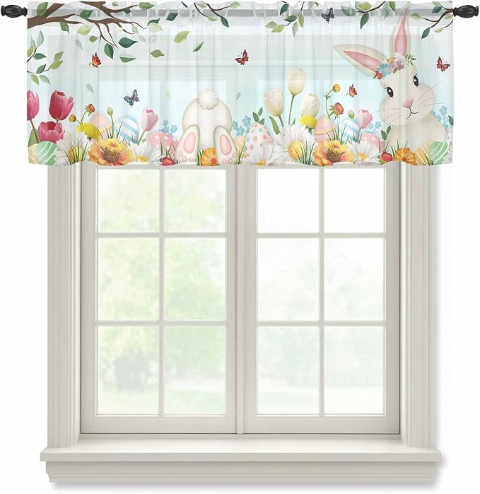 Easter Sheer Valances for Windows 60"x18", Light Filtering Kitchen Curtains by Unknown