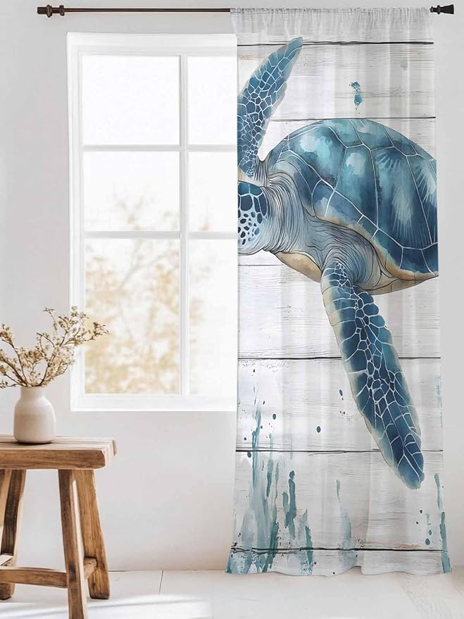 Sheer Curtains 96 Inches Long, Teal Green Ocean Turtle Semi Sheer Curtains - Image 3