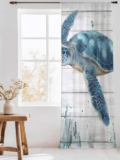 Sheer Curtains 108 Inches Long, Teal Green Ocean Turtle Semi Sheer Curtains - Image 3