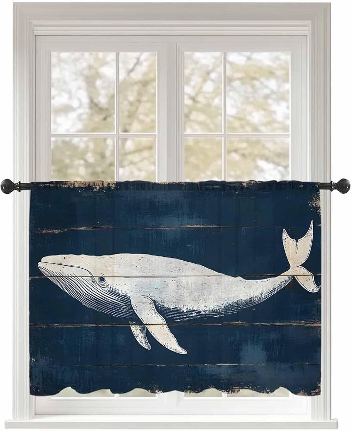 Sheer Curtains 45 Inch Length, Ocean Whale Blue Semi Sheer Curtains Light by Unknown