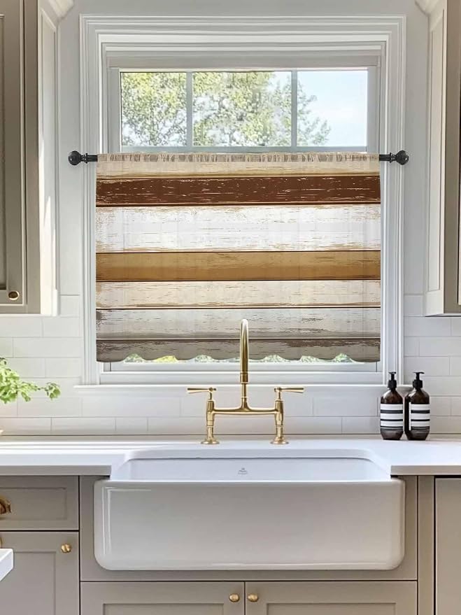 Sheer Curtains 54 Inch Length, Vintage Country Geometric Striped Privacy Voile - Image 3