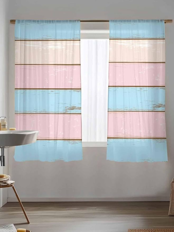 Sheer Curtains 63 Inch Length, Farmhouse Country Shabby Striped Privacy Voile - Image 5