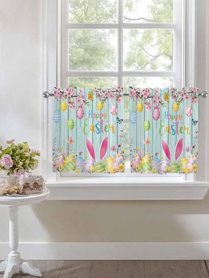 Happy Easter Half Window Curtain 36 Inches Long, Spring Bunny Eggs Flower Teal - Image 7