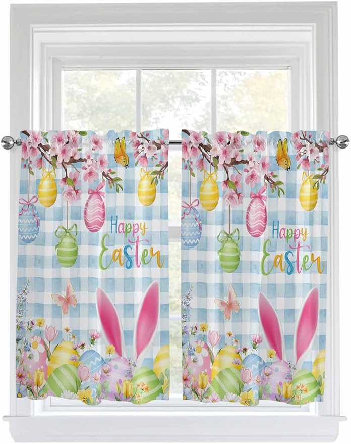 Happy Easter Kitchen Curtains 45 Inches length, Spring Watercolor Bunny Eggs by Unknown