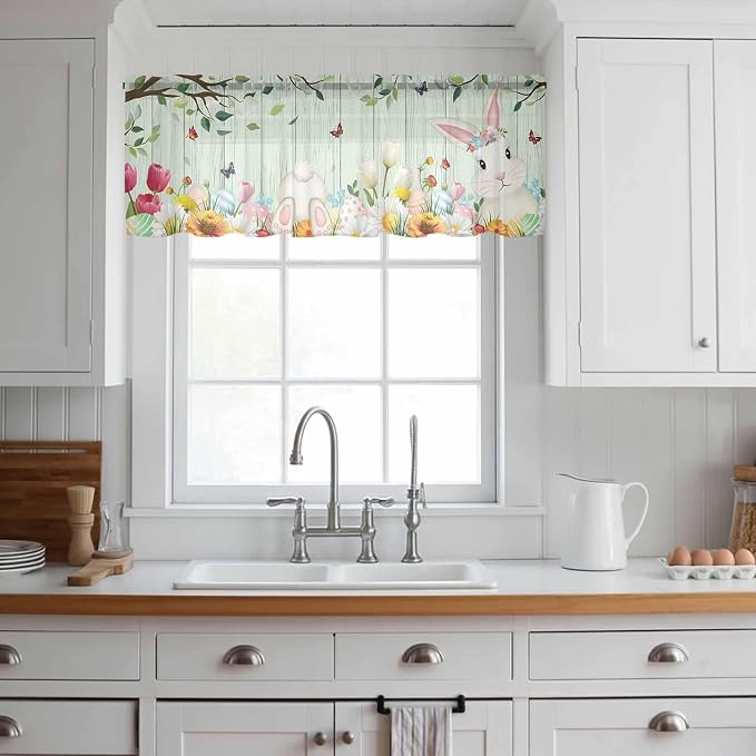Easter Sheer Valances for Windows 54"x18", Light Filtering Kitchen Curtains - Image 3