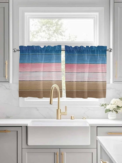 Blue Pink Brown Gradient Wood Grain Window Valance Curtains, Vintage Wood Board by IDOWMAT