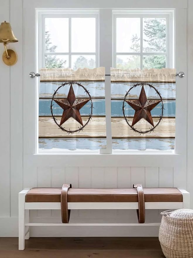 Vintage Western Star on Wood Grain Window Valance Curtains, Retro Wooden by IDOWMAT