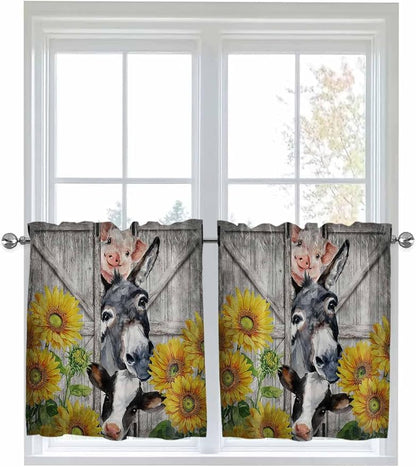 Farmhouse Half Window Curtain 36 Inches Long, Vintage Sunflowers Animals by Unknown