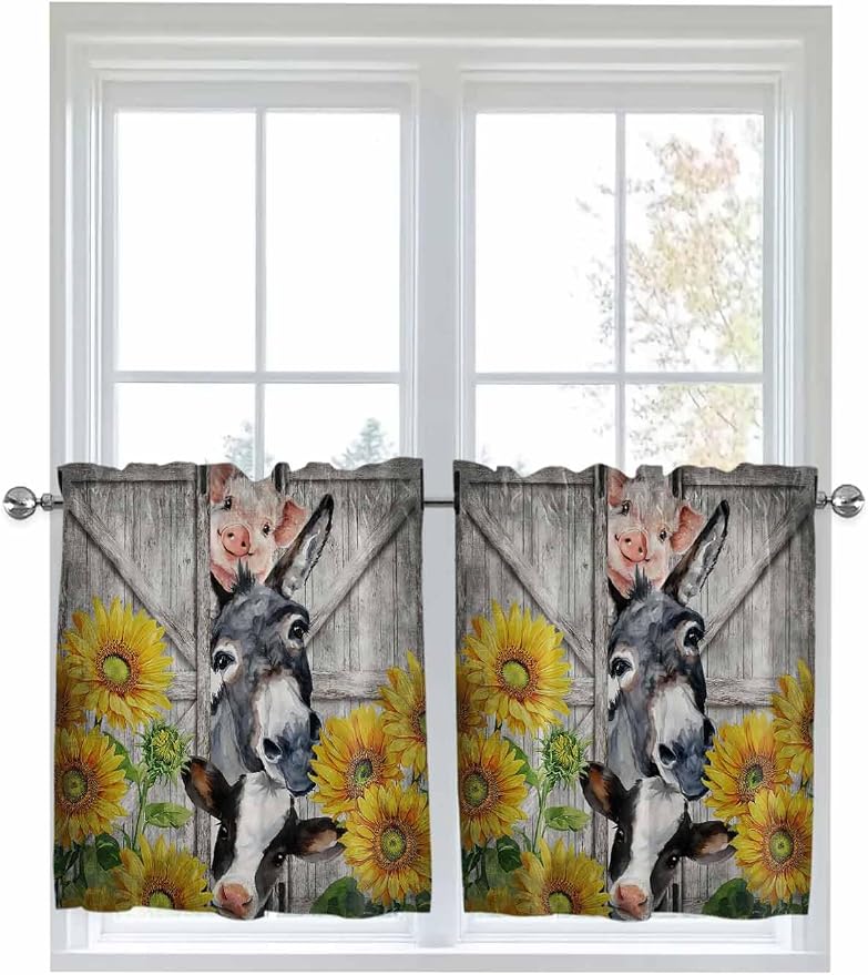 Farmhouse Half Window Curtains 24 Inches Long, Vintage Sunflowers Animals by Unknown