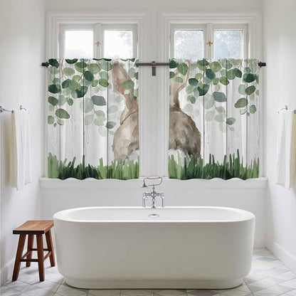 Easter Tier Curtains, Country Rabbit Botanical Leaves Wooden Grain Light - Image 5