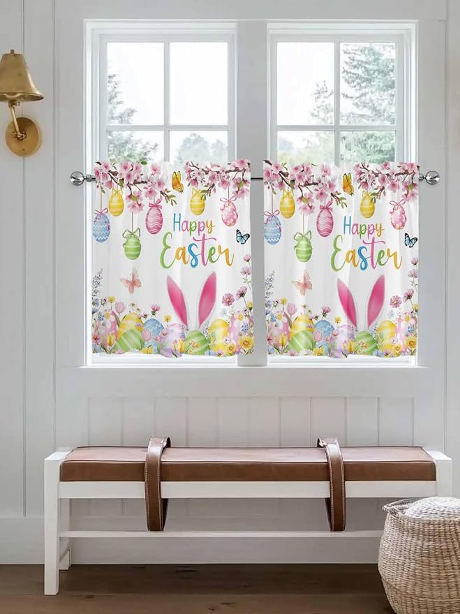 Happy Easter Half Window Curtains 24 Inches Long, Spring Watercolor Bunny Eggs - Image 4