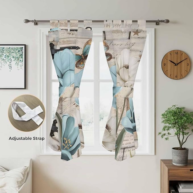 Teal Blue Tulips Bathroom Curtains 63 Inch Length, Window Curtains Tab Top - Image 5