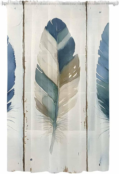 Sheer Curtains 108 Inches Long, Boho Blue Feathers Semi Sheer Curtains Light by Unknown