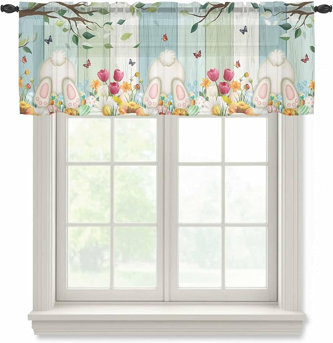 Easter Sheer Valances for Windows 42"x18", Light Filtering Kitchen Curtains by Unknown