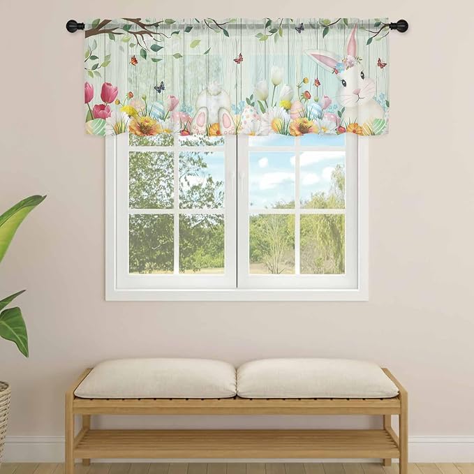 Easter Sheer Valances for Windows 42"x12", Light Filtering Kitchen Curtains - Image 4