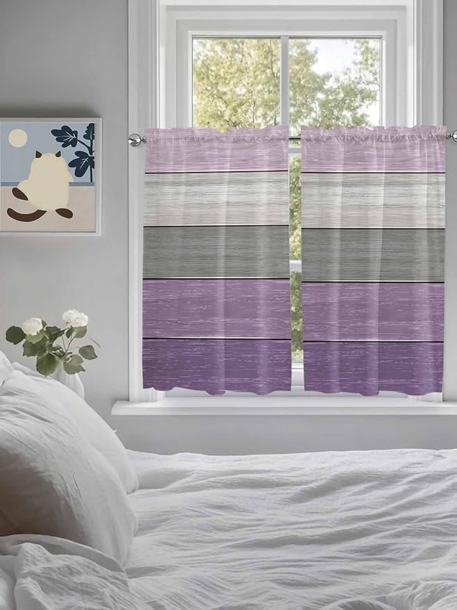 Country Wood Board Gray Purple Window Valance Curtains, Farmhouse Gradient - Image 3