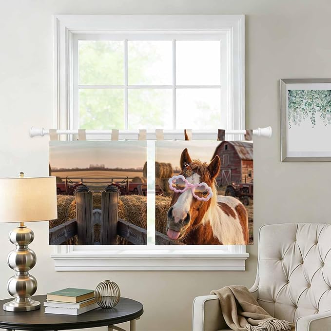 Farm Horses Kitchen Curtains 24 Inch Length, Small Window Curtains Tab Top - Image 2