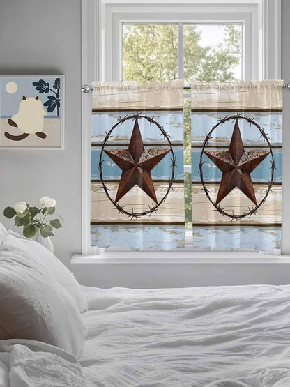 Vintage Western Star on Wood Grain Window Valance Curtains, Retro Wooden - Image 3