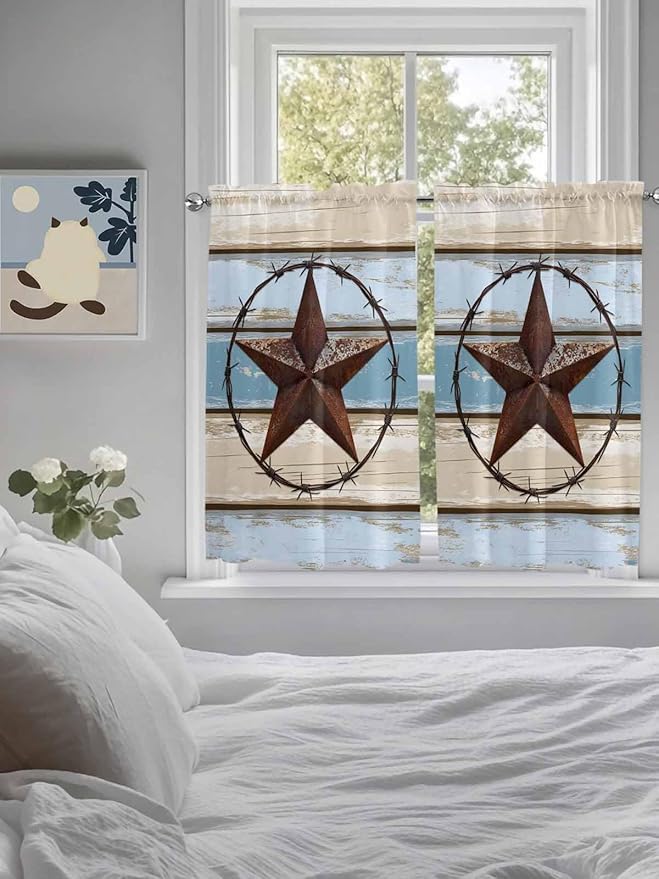 Vintage Western Star on Wood Grain Window Valance Curtains, Retro Wooden - Image 4