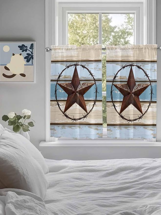 Vintage Western Star on Wood Grain Window Valance Curtains, Retro Wooden - Image 4
