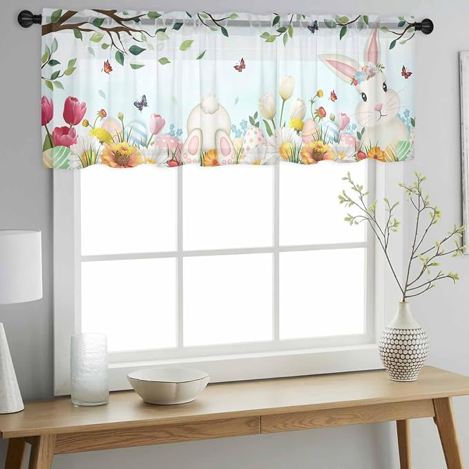 Easter Sheer Valances for Windows 42"x18", Light Filtering Kitchen Curtains - Image 2