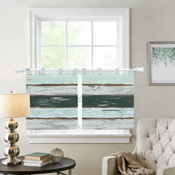 Blue Teal Kitchen Curtains 24 Inch Length, Small Window Curtains Tab Top - Image 2