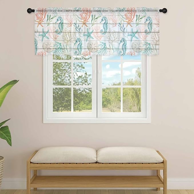 Teal Seahorse Starfish Sheer Valance Curtains, Summer Beach Coral Shell Board - Image 4
