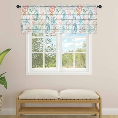 Teal Seahorse Starfish Sheer Valance Curtains, Summer Beach Coral Shell Board - Image 4