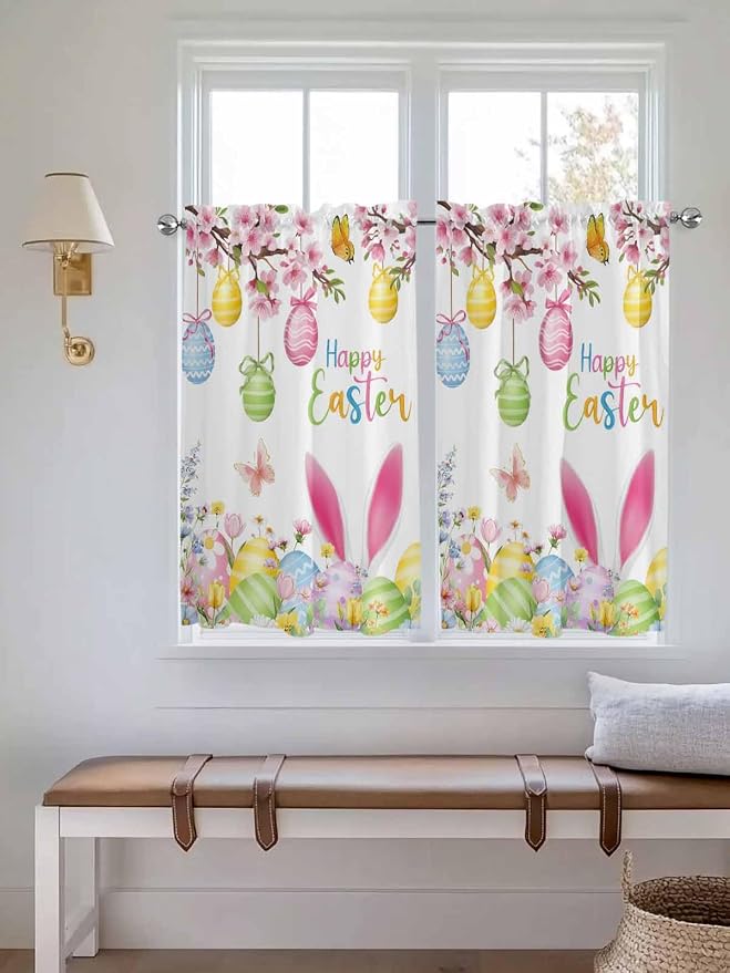 Happy Easter Kitchen Curtains 45 Inches length, Spring Watercolor Bunny Eggs - Image 4