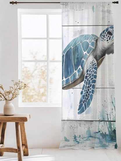 Sheer Curtains 84 Inches Long, Teal Green Sea Turtle Semi Sheer Curtains Light - Image 3